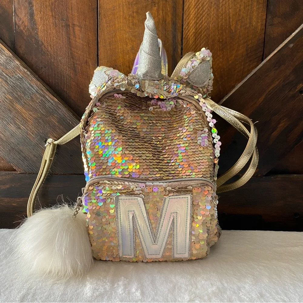 Justice‎ Mini Backpack Sequin Unicorn M with Pom Pom Gold White Silver